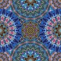 Unique seamless pattern with bronze medallions, flowers and mandala halves. Print for fabric, carpet, scarf, napkin.