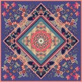 Unique square carpet or ethnic shawl with flower mandala on decorative ornament.