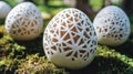 Unique stone Easter eggs with intricate patterns displayed on a bed of moss in a serene outdoor setting Royalty Free Stock Photo