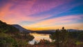 Unique sunset sky in Vietnam Da Lat plateau beautiful Tuyen Lam Lake forest hill highlands coffee strawberry plantation colorful Royalty Free Stock Photo