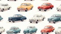 Unique Tile with Minimalistic Watercolor Seamless Pattern of Classic Cars AI Generated