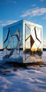 Reflective Metal Cube In Snow: Sustainable Design With Cabincore And Redshift Royalty Free Stock Photo