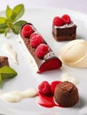 An exceptional treat: white and dark chocolate cannelloni with delicate mascarpone mousse and fresh raspberries Royalty Free Stock Photo