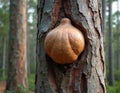 Unique tree burl growth forms unusual bulb shape on rough bark. Forest background shows soft focus pine trees and green foliage. Royalty Free Stock Photo