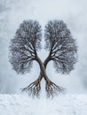 Tree resembling human lungs symbolizes the connection between nature and breath in a serene winter landscape Royalty Free Stock Photo