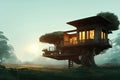 Unique treehouse during the dawn in remote rural areas digital illustration