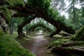 Unique twisted trees create enchanting pathway in a lush forest setting Royalty Free Stock Photo