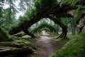 Unique twisted trees create enchanting pathway in a lush forest setting Royalty Free Stock Photo
