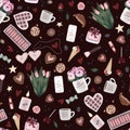 Unique valentine`s day seamless pattern with valentine hand drawn art, flower, coffee cup, heart, star, chocolate candy, cookie. Royalty Free Stock Photo
