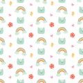 Unique vector easter seamless pattern with cute clipart: cat, rainbow, chicken, poppy flower, heart. cartoon easter repeating tile