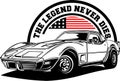 AMERICAN CLASSIC AND MUSCLE CARS LOGO CHEVROLET CORVETTE WITH AMERICAN FLAG Royalty Free Stock Photo