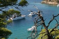 Beautiful view of the bay with white ships, Skiathos, Greece, Europe