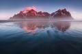 Unique view on the black sand beach. Location Stokksnes cape, Vestrahorn mountain Batman Mount, Iceland, Europe. Scenic image Royalty Free Stock Photo