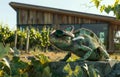 A unique vineyard setting featuring a binary chameleon as an innovative architect equipped with smart sunglasses for precision