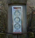 Vintage Barometer Thermometer Hygrometer in concrete wall in Lindau Germany advertising for a Photo Service company.