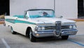 Unique white and blue old classic car in the streets of Miami beach Royalty Free Stock Photo