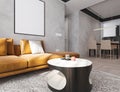 Unique White and wooden Coffee table on the Carpet in front of the yellow couch, Blank mock-poster frame hanging on the wall, 3D