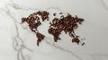 World map created out of coffee grounds and coffee beans