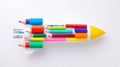 Distinct rocket shape made from colorful school supplies on a clean white background. Royalty Free Stock Photo