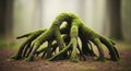 A uniquely shaped, moss-covered root system Royalty Free Stock Photo