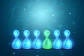 Uniqueness creative background, green pawn among blue hologram. Competitive advantage, standing out from the crowd, thinking Royalty Free Stock Photo