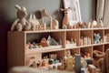 Unisex child nursery room with wooden toys in neutral pastel colors, AI generative interior