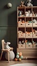 Unisex child nursery room with wooden toys in neutral pastel colors, AI generative interior