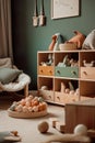 Unisex child nursery room with wooden toys in neutral pastel colors, AI generative interior