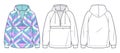 Unisex Hoodie, Anorak fashion design. Set of Hoodie Sweatshirt fashion flat technical drawing template, geometric print, zip-up,