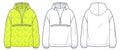 Unisex Hoodie fashion design. Set of Hoodie Sweatshirt fashion flat technical drawing template, zip-up, front and back view, white