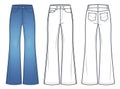 Unisex Jeans flared bottom, Denim Pants technical fashion illustration, blue design.