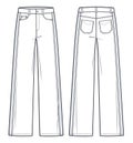 Unisex Jeans pants fashion flat technical drawing template.