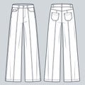Unisex Jeans Pants technical fashion illustration. Wide Jeans fashion flat technical drawing template, medium waist, flared bottom