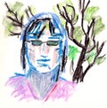 Unisex man in sunglasses with blue hair. drawing with oil pastels Royalty Free Stock Photo