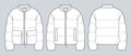 Unisex padded Jacket technical fashion Illustration. Bomber Jacket technical drawing template, crop, pocket, rib collar, zip-up,