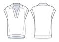 Unisex Polo Sweater Vest fashion flat technical drawing template. Oversize knitted Vest template, front, back view