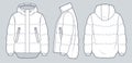 Unisex Puffer Jacket technical fashion Illustration. Hooded down Jacket, Coat fashion flat technical drawing template, pockets