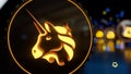 Uniswap cryptocurrency exchange protocol symbol. Neon unicorn sign. 3d render Royalty Free Stock Photo