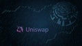 Uniswap cryptocurrency stock market name with logo on abstract digital background.