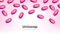 Uniswap UNI coin falling from the sky. UNI cryptocurrency concept banner background