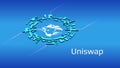 Uniswap UNI isometric token symbol of the DeFi project in digital circle on blue background.