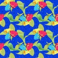 Red, blue and yellow flowers on deep blue background. Seamless for print. Royalty Free Stock Photo