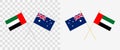 Unitad Arab Emirates and Australia crossed flags. Pennon angle 28 degrees. Option with different shapes and colors of flagpoles -