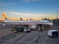 United Airlines Airbus 321 with retro livery Continental Airlines paint job at the terminal at Dulles International airport Royalty Free Stock Photo