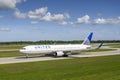 United Airlines Boeing 767-322 with the aircraft registration N641UA.is taxiing for take off on the northern runway 08L of Munich Royalty Free Stock Photo