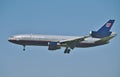 United Airlines McDonnell Douglas DC-10 landing at los Angeles in September after a flight from New York. Royalty Free Stock Photo