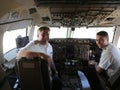 United Airlines pilots at cockpit before transpacific flight to San Francisco in Auckland International Airport, New Zealand