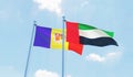 United Arab Emirates and Andorra, two flags waving against blue sky Royalty Free Stock Photo