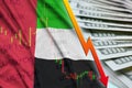 United Arab Emirates flag and chart falling US dollar position with a fan of dollar bills Royalty Free Stock Photo