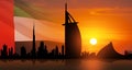 United Arab Emirates flag and Dubai skyline view at sunset. UAE celebration. Royalty Free Stock Photo